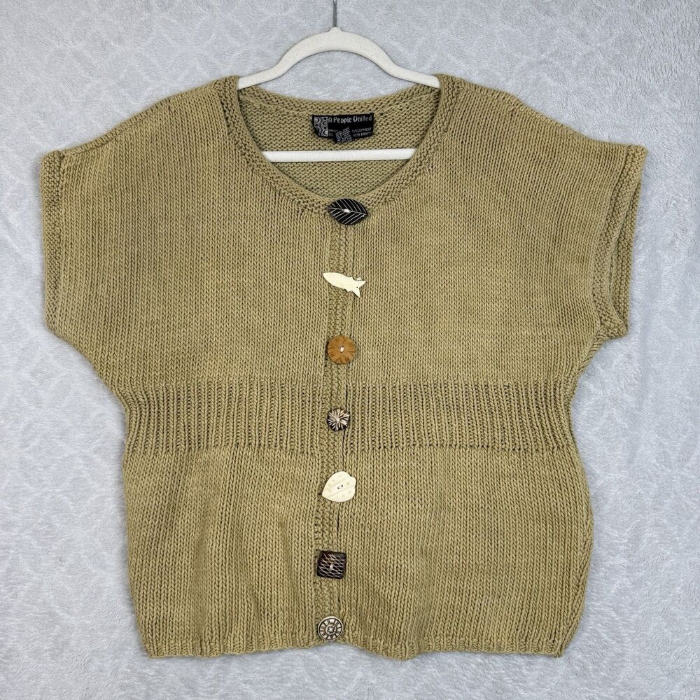 Vtg Hand Knit Sweater Women M/L Tan Chunky Fish Button Lagenlook Artsy Earthcore